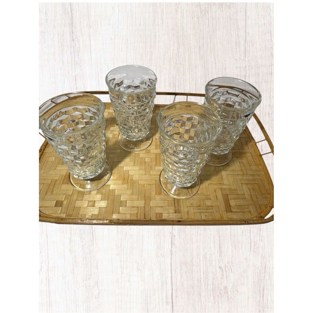 VTG Indiana Glass Clear Whitehall Footed Tumblers Cubist Colony MCM Set of 4